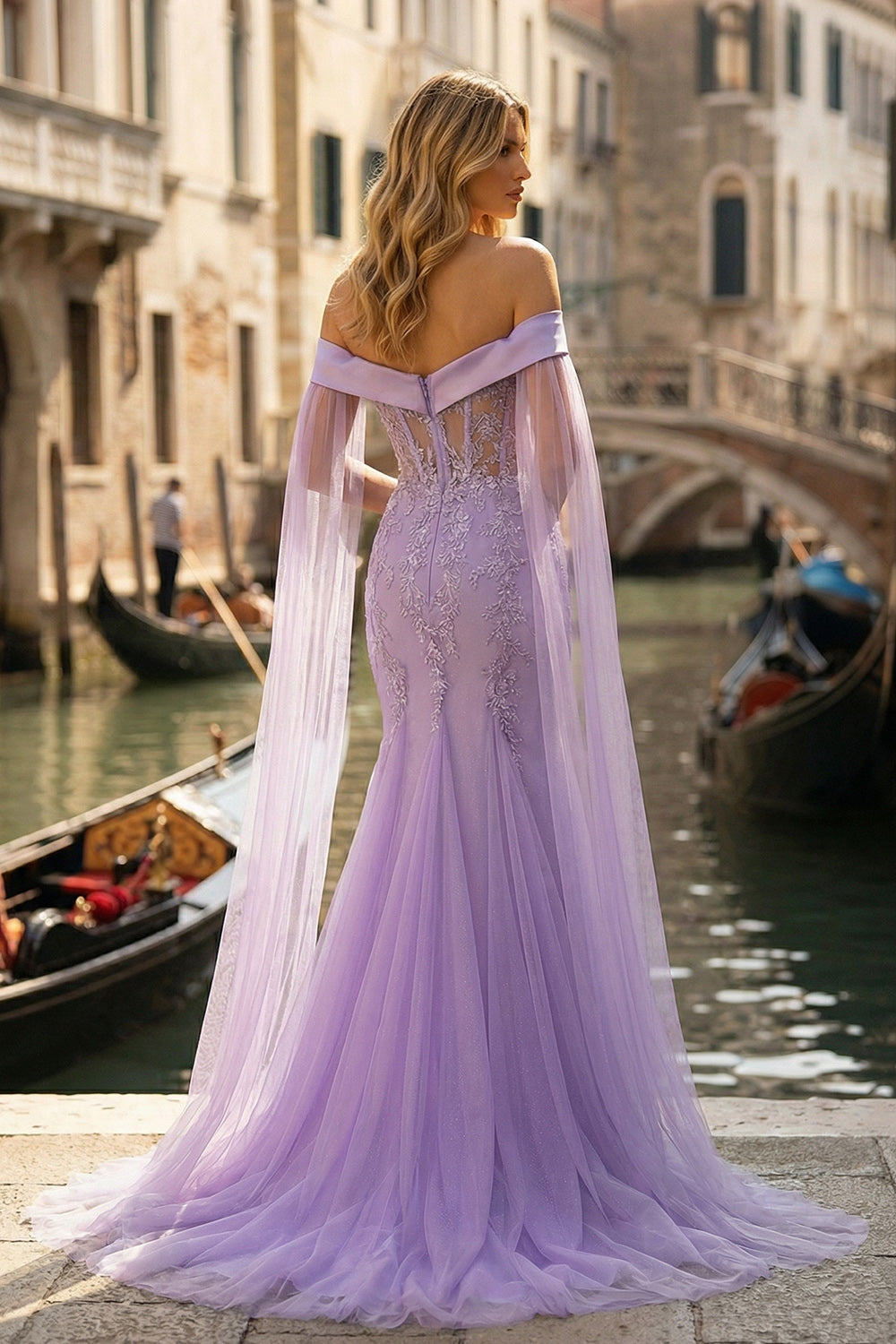 Off-the-Shoulder Lilac Mermaid Embroidered Long Prom Dress with Slit
