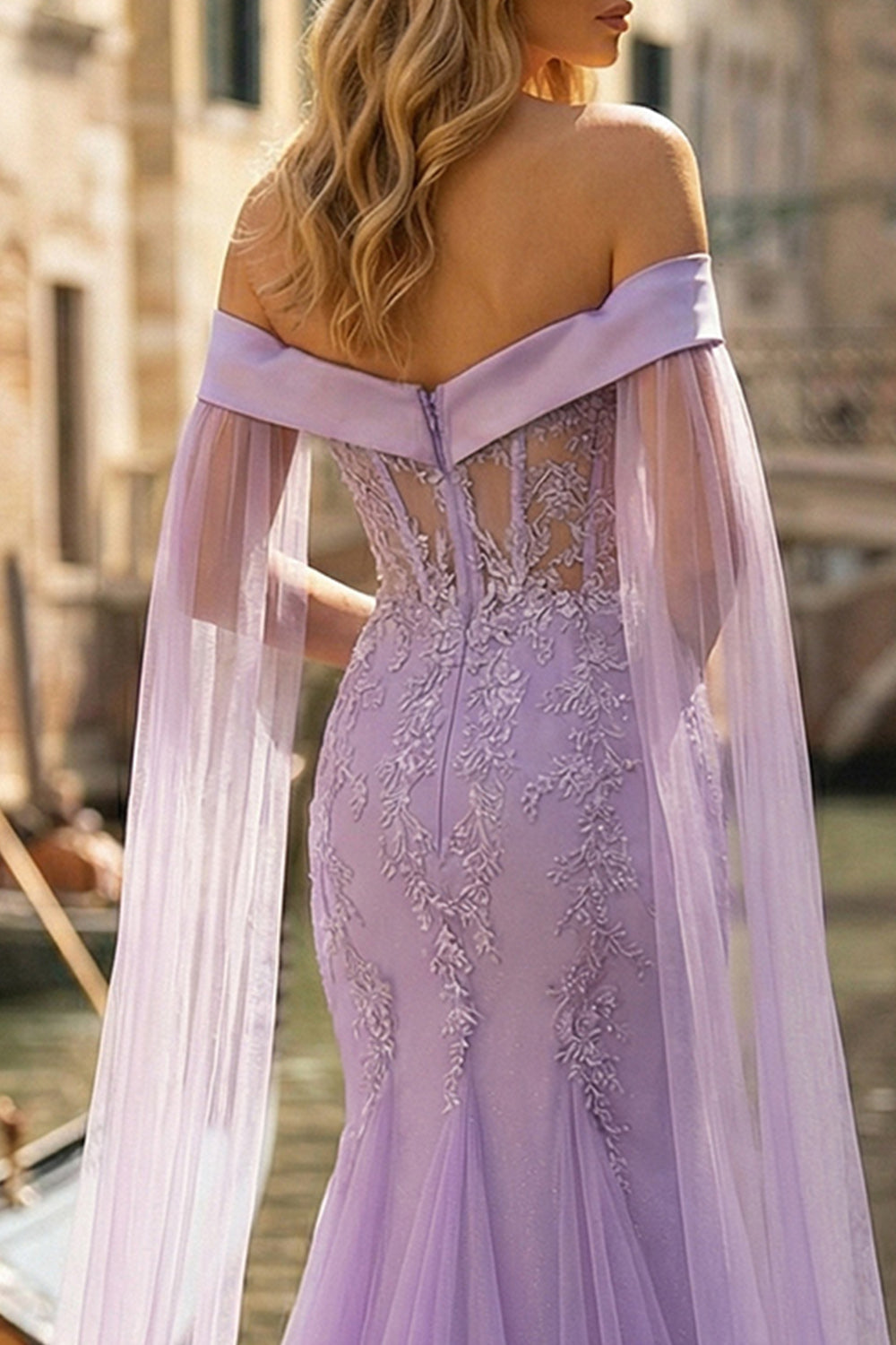 Off-the-Shoulder Lilac Mermaid Embroidered Long Prom Dress with Slit