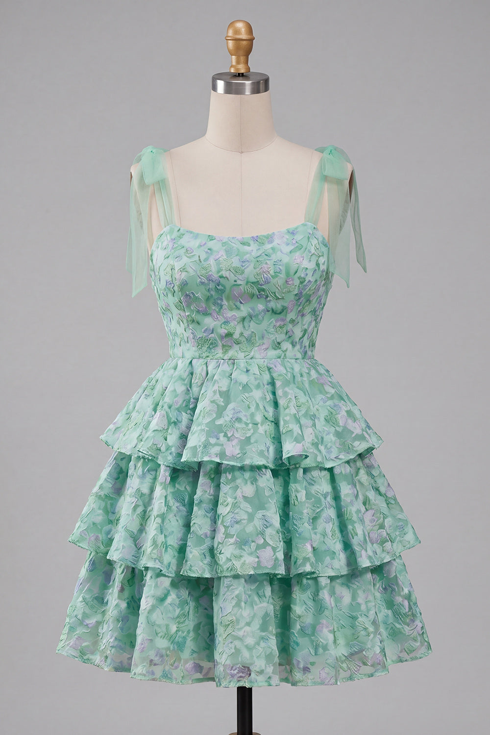 Light Green Thick Straps Tiered A-Line Floral Homecoming Dress