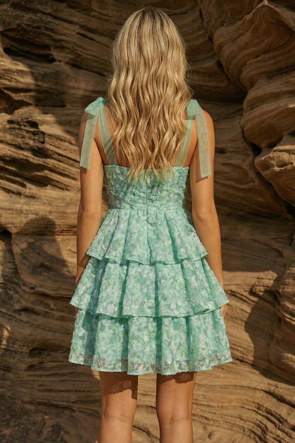 Light Green Thick Straps Tiered A-Line Floral Homecoming Dress