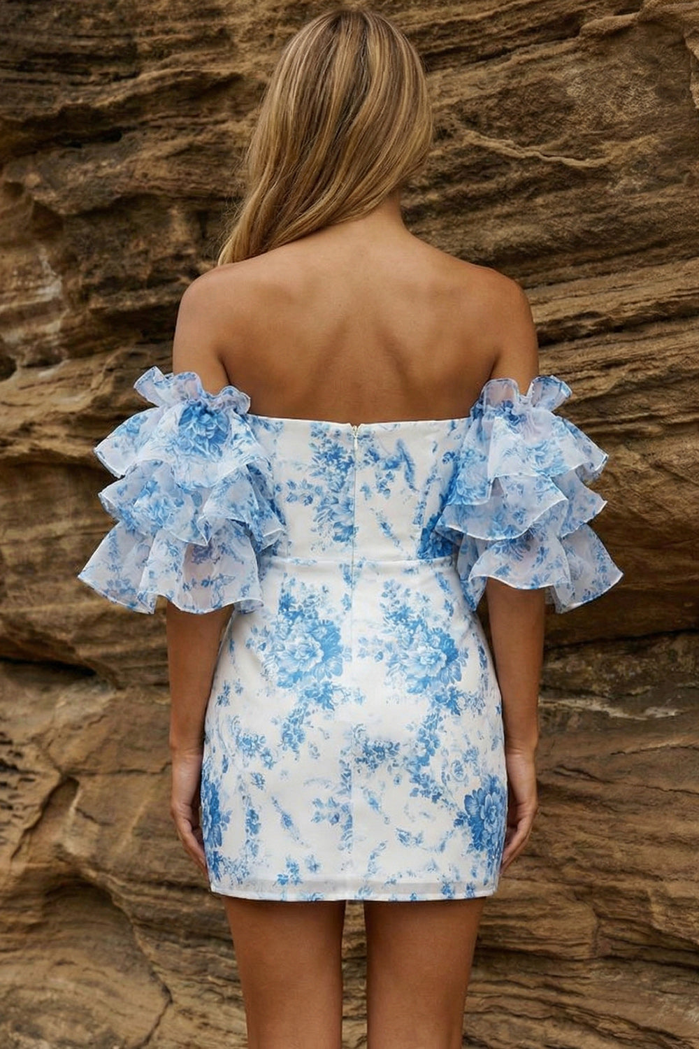 Blue Off the Shoulder Floral Bodycon Homecoming Dress