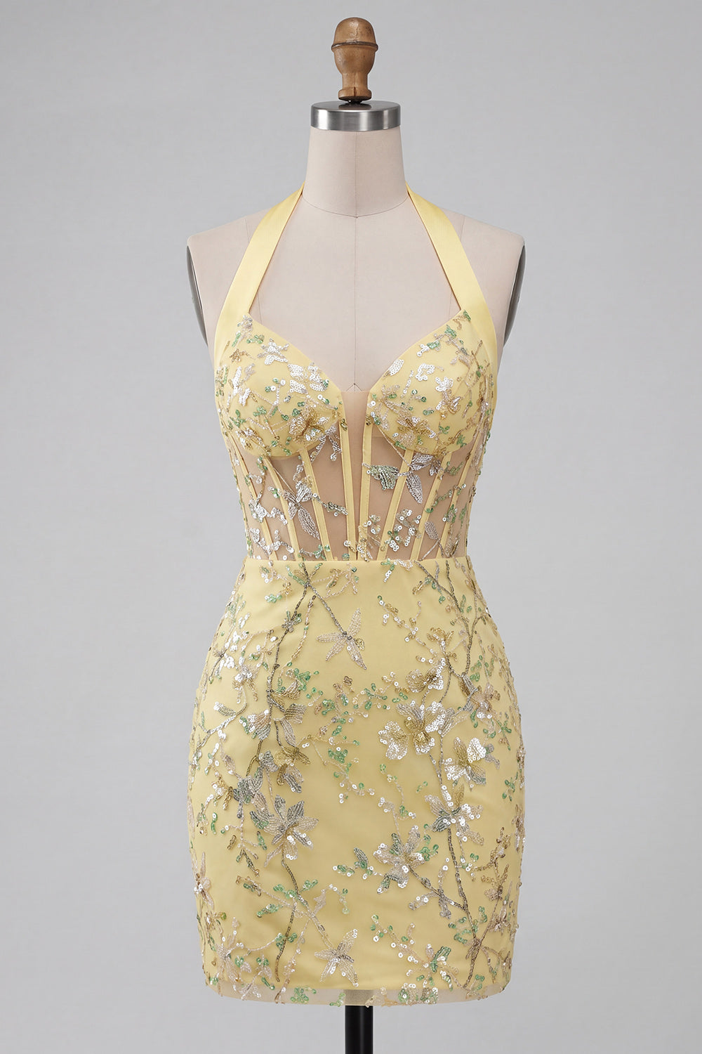 Robe de bal moulante florale jaune transparente à col licou corset et paillettes