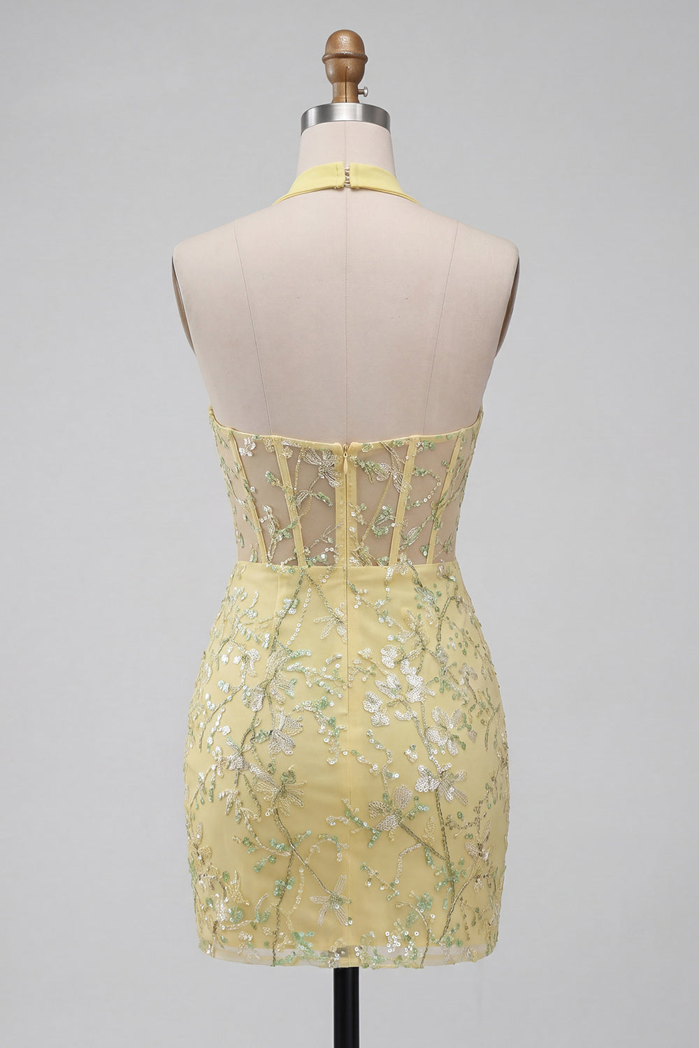 Robe de bal moulante florale jaune transparente à col licou corset et paillettes