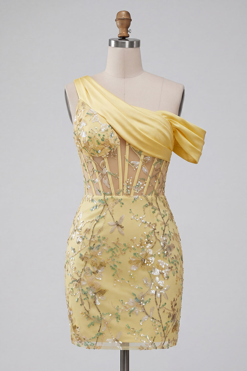 One Shoulder Yellow Bodycon Sheer Corset Floral Homecoming Dress with Sequins