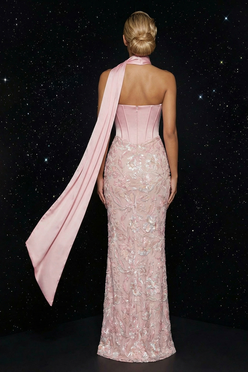 Pink Embroidered Strapless Corset Sheath Long Evening Dress with Slit