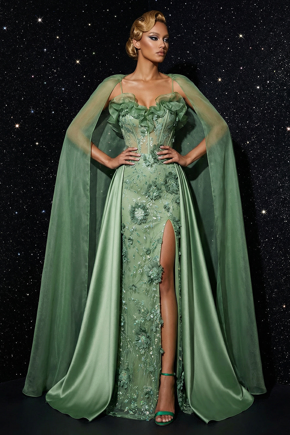 Green Spaghetti Straps Embroidery Corset Ruffled Mermaid Evening Dress with Slit