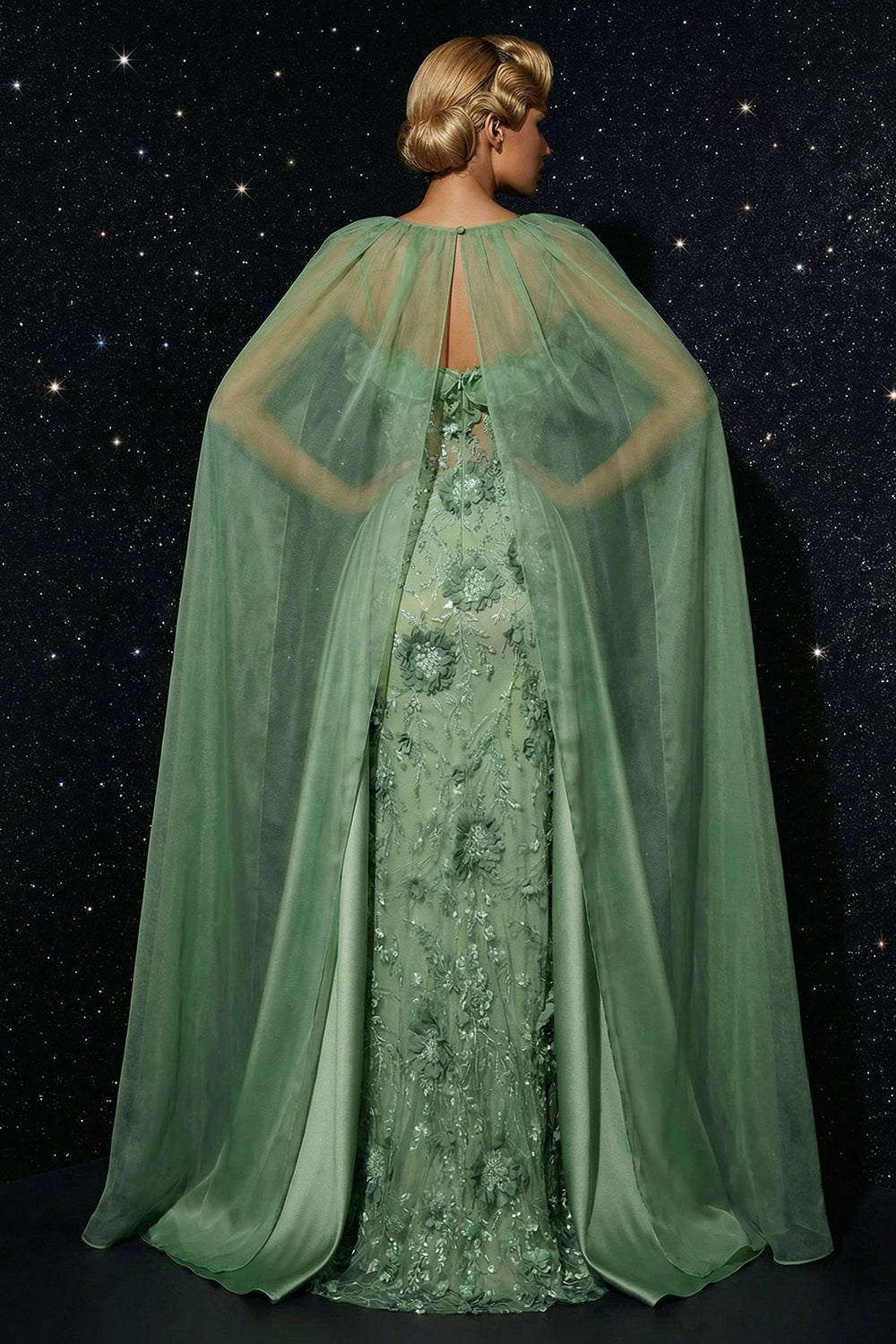 Green Spaghetti Straps Embroidery Corset Ruffled Mermaid Evening Dress with Slit