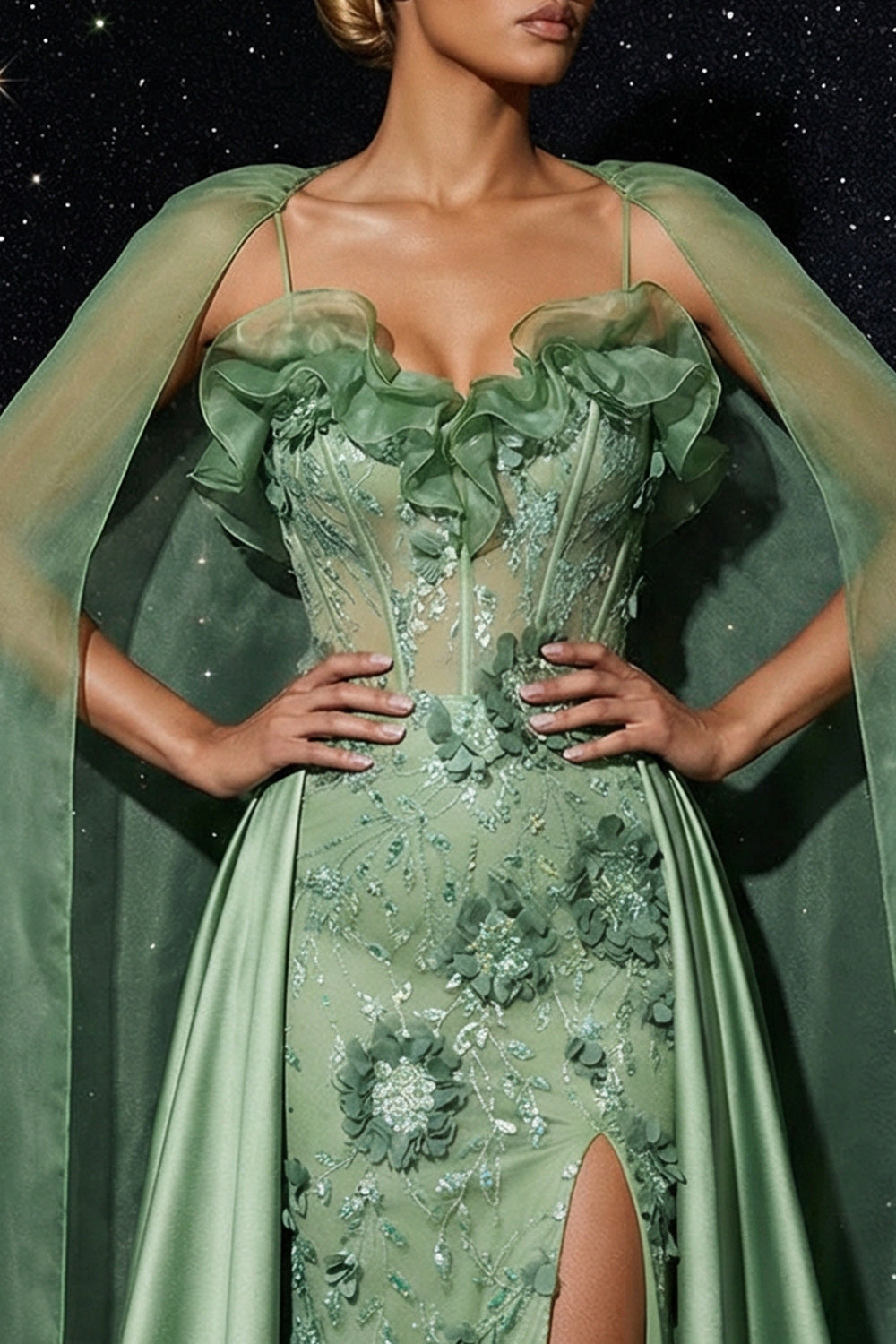Green Spaghetti Straps Embroidery Corset Ruffled Mermaid Evening Dress with Slit