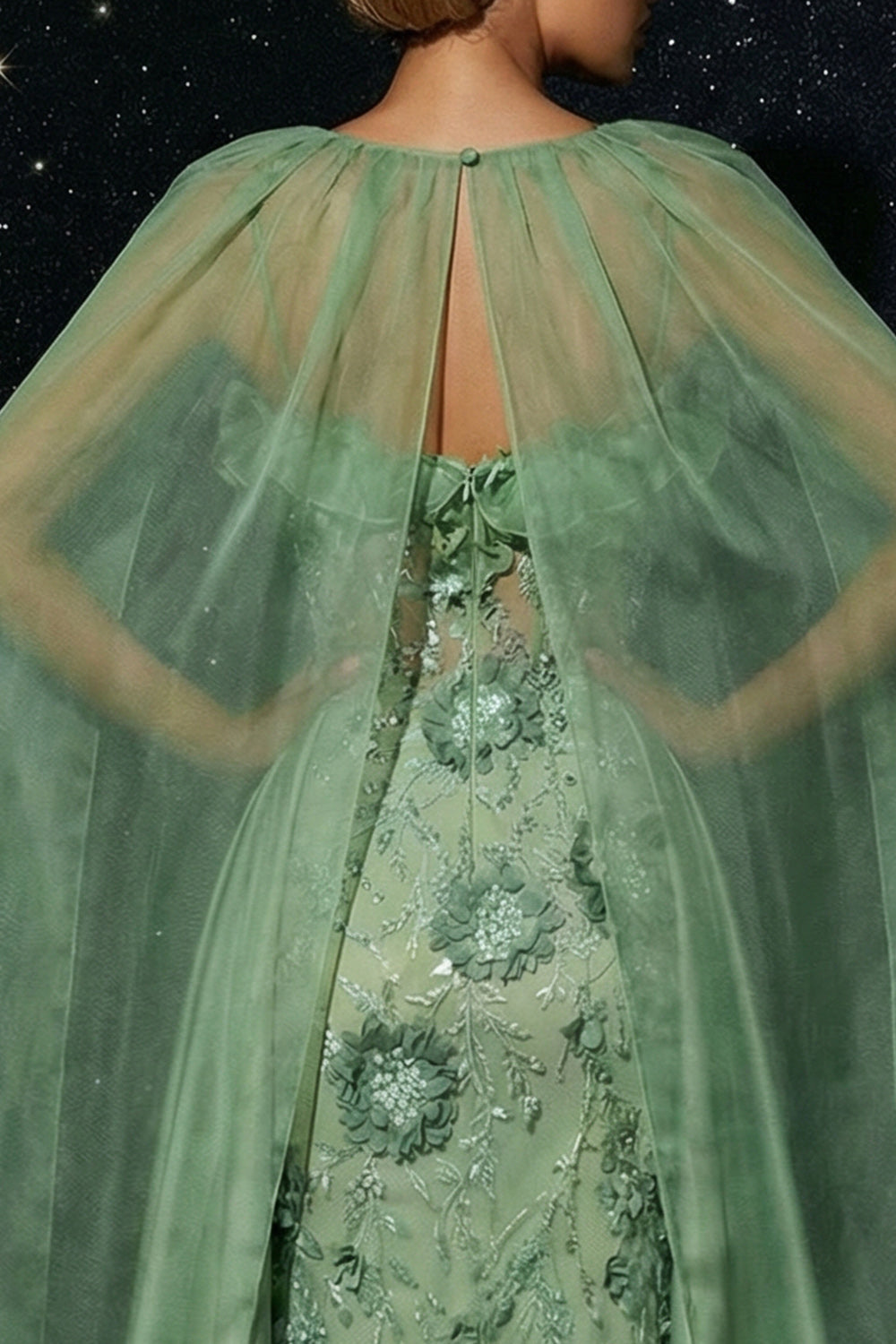 Green Spaghetti Straps Embroidery Corset Ruffled Mermaid Evening Dress with Slit