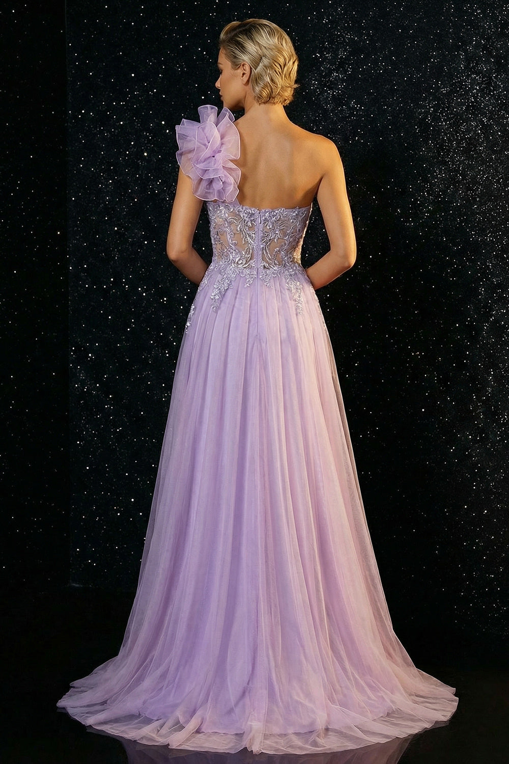 Robe de soirée sirène asymétrique à volants et fente, ornée d'applications violettes scintillantes