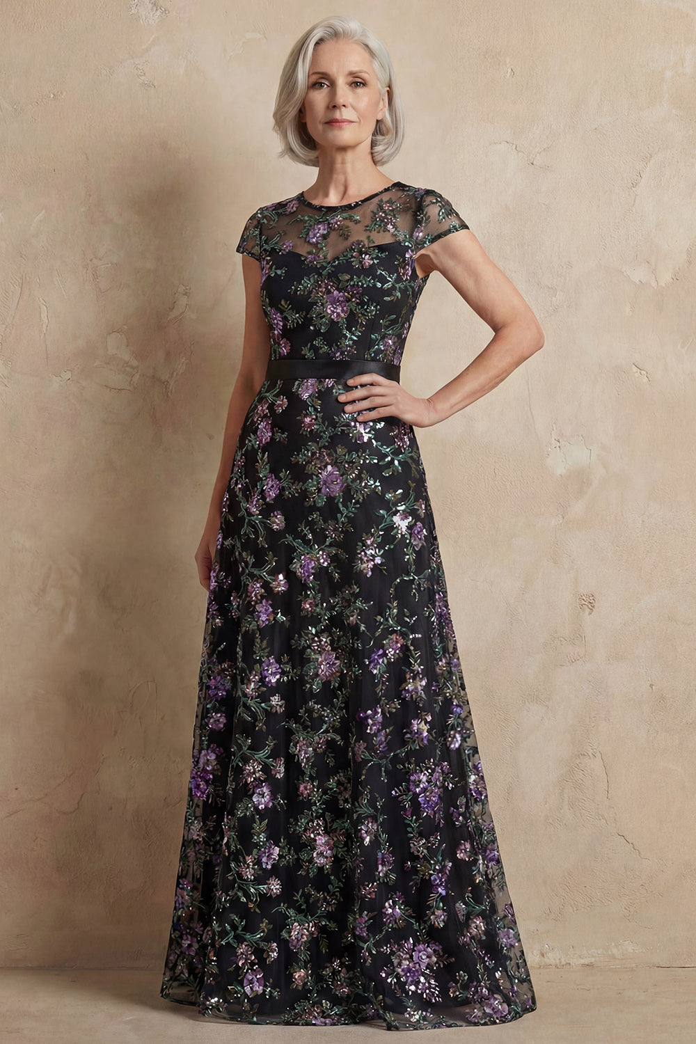 Robe longue bleue brodée ligne A, à manches courtes, pour la mère de la mariée