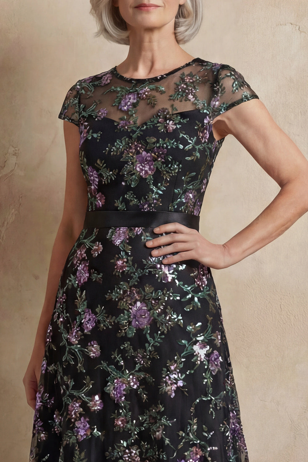 Robe longue bleue brodée ligne A, à manches courtes, pour la mère de la mariée
