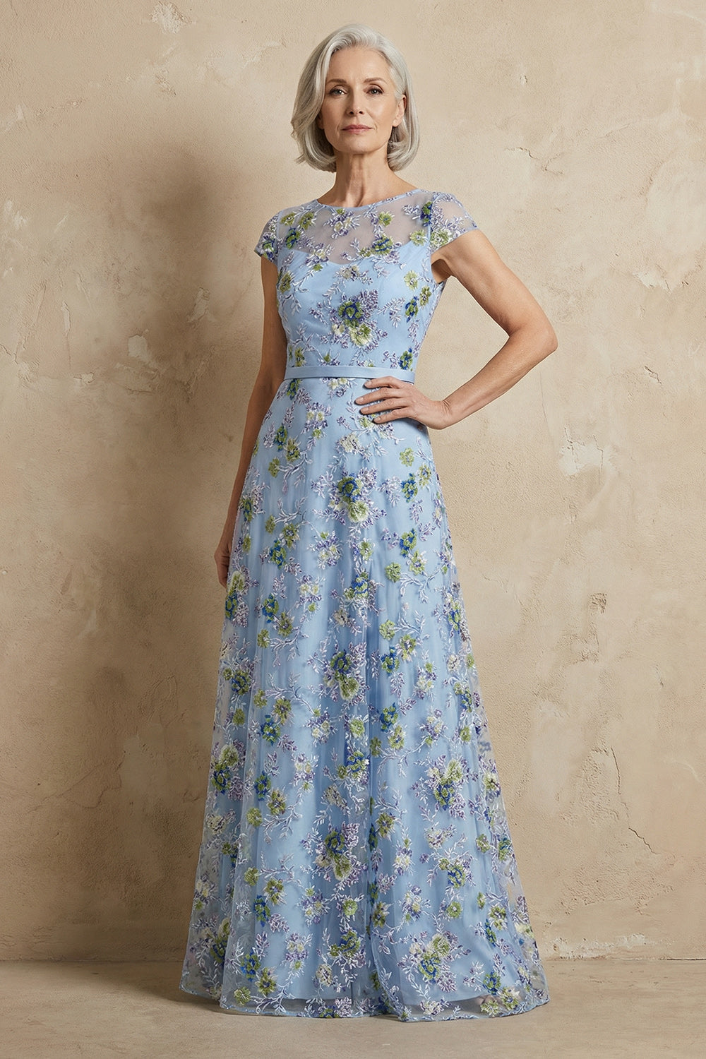 Robe longue bleue brodée ligne A, à manches courtes, pour la mère de la mariée