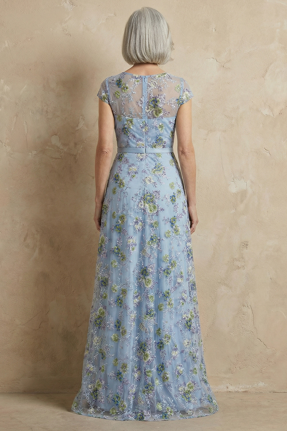 Robe longue bleue brodée ligne A, à manches courtes, pour la mère de la mariée