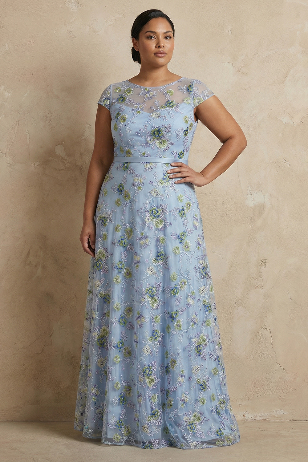 Robe longue bleue brodée ligne A, à manches courtes, pour la mère de la mariée
