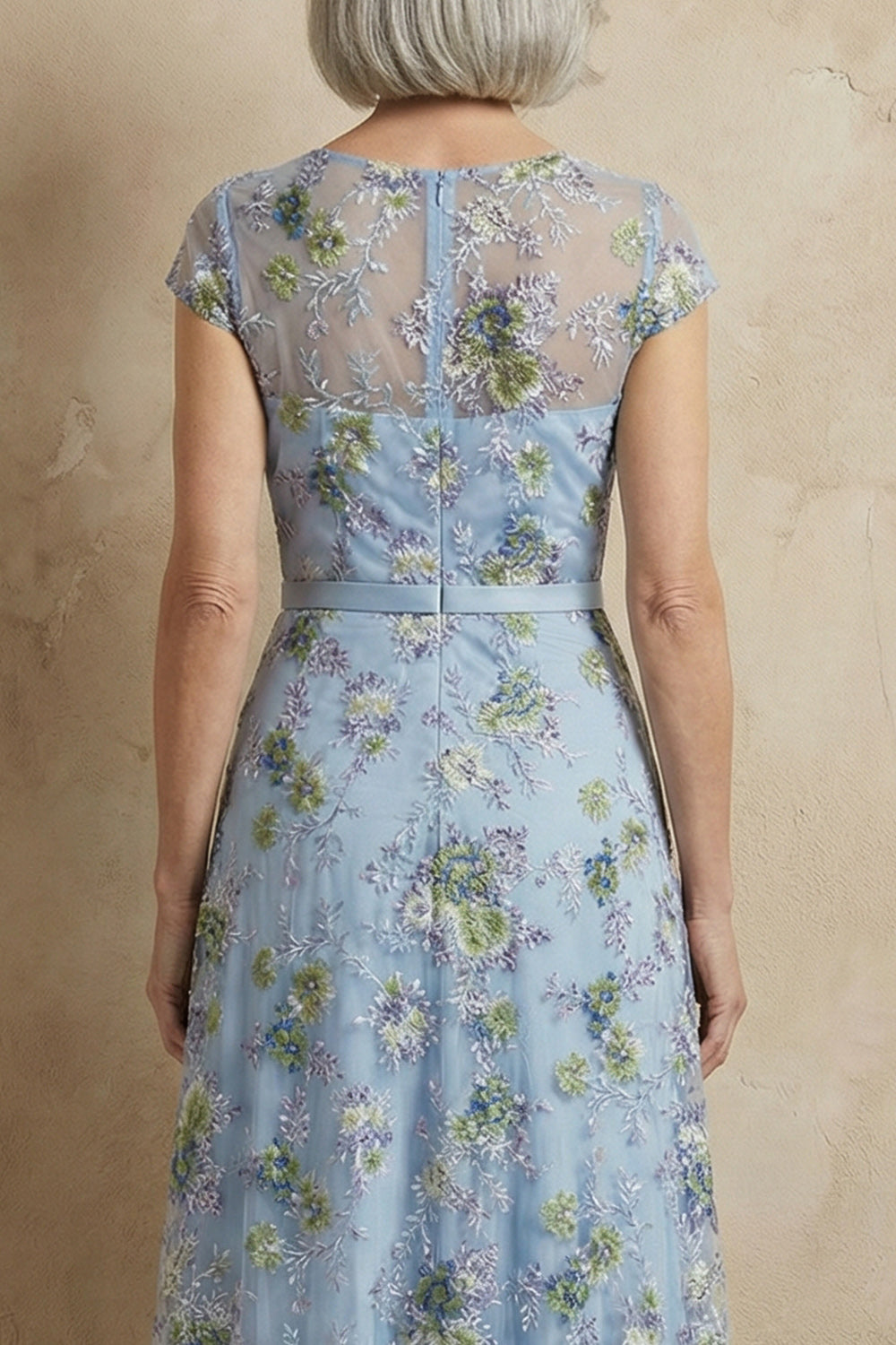 Robe longue bleue brodée ligne A, à manches courtes, pour la mère de la mariée