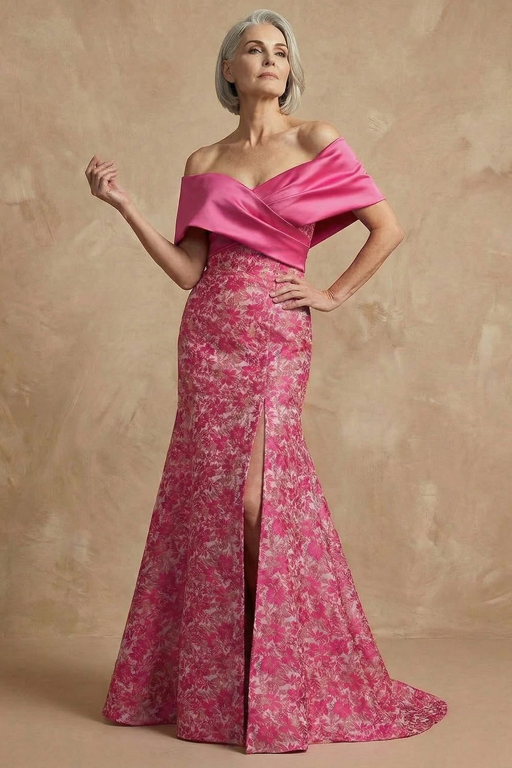 Fuchsia Floral Off-The-Shoulder Mermaid Long Mother of the Bride Dress with Slit