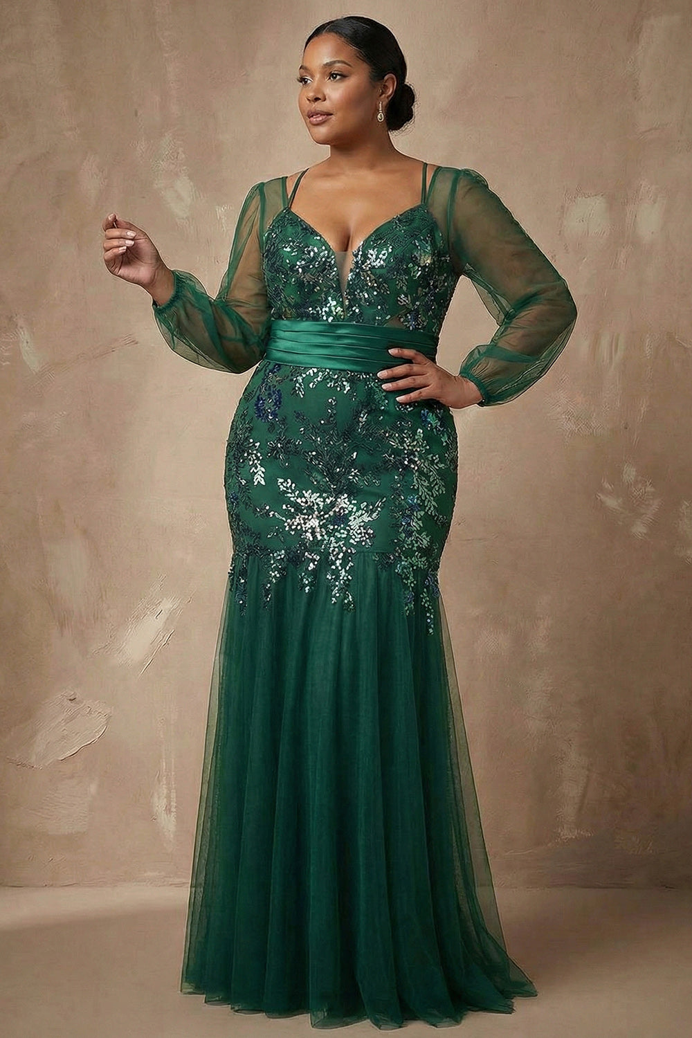 Dark Green Sequined Mermaid Mother of the Bride Dress with Long Sleeves