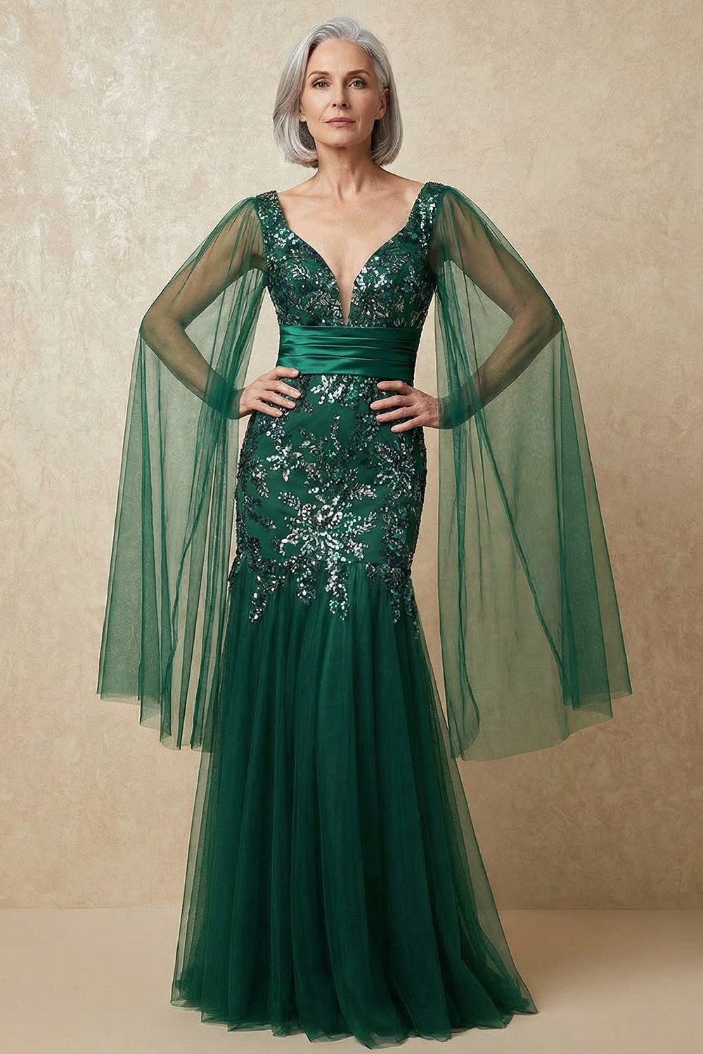 Robe de mère de la mariée sirène vert foncé à sequins scintillants avec manches cape