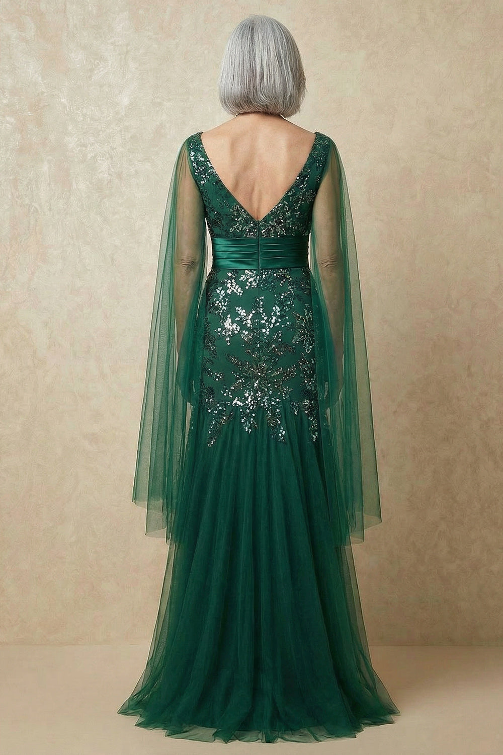 Robe de mère de la mariée sirène vert foncé à sequins scintillants avec manches cape