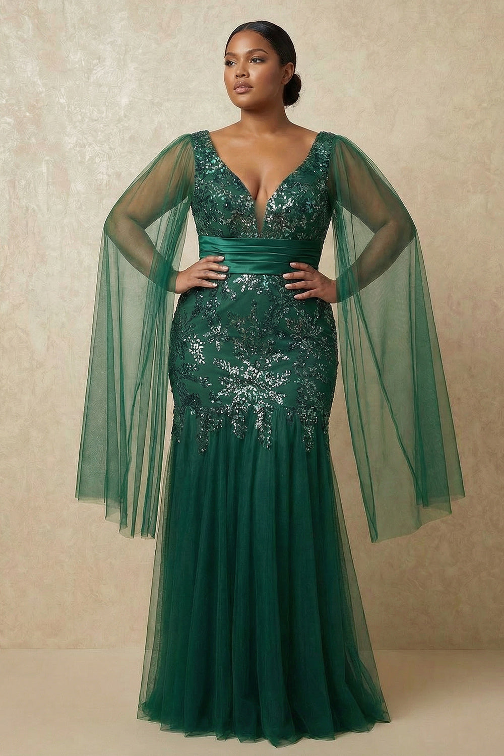 Robe de mère de la mariée sirène vert foncé à sequins scintillants avec manches cape