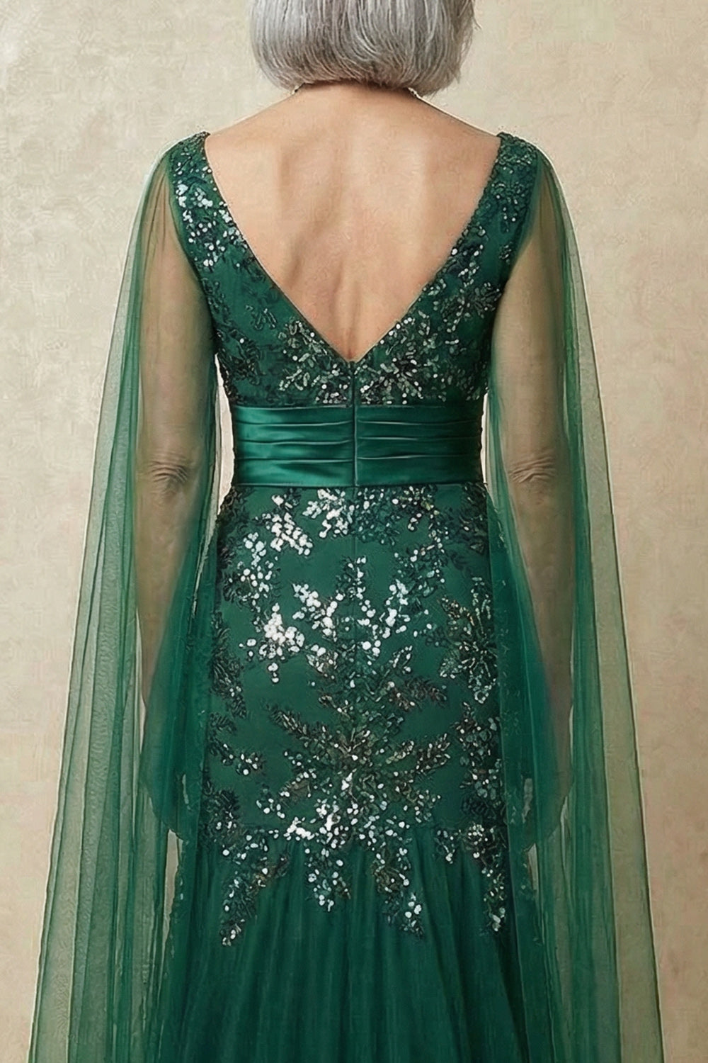 Robe de mère de la mariée sirène vert foncé à sequins scintillants avec manches cape