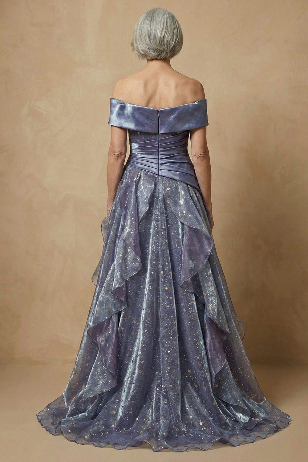 Dusty Blue Off The Shoulder Ruffled A-Line Long Mother of the Bride Dress