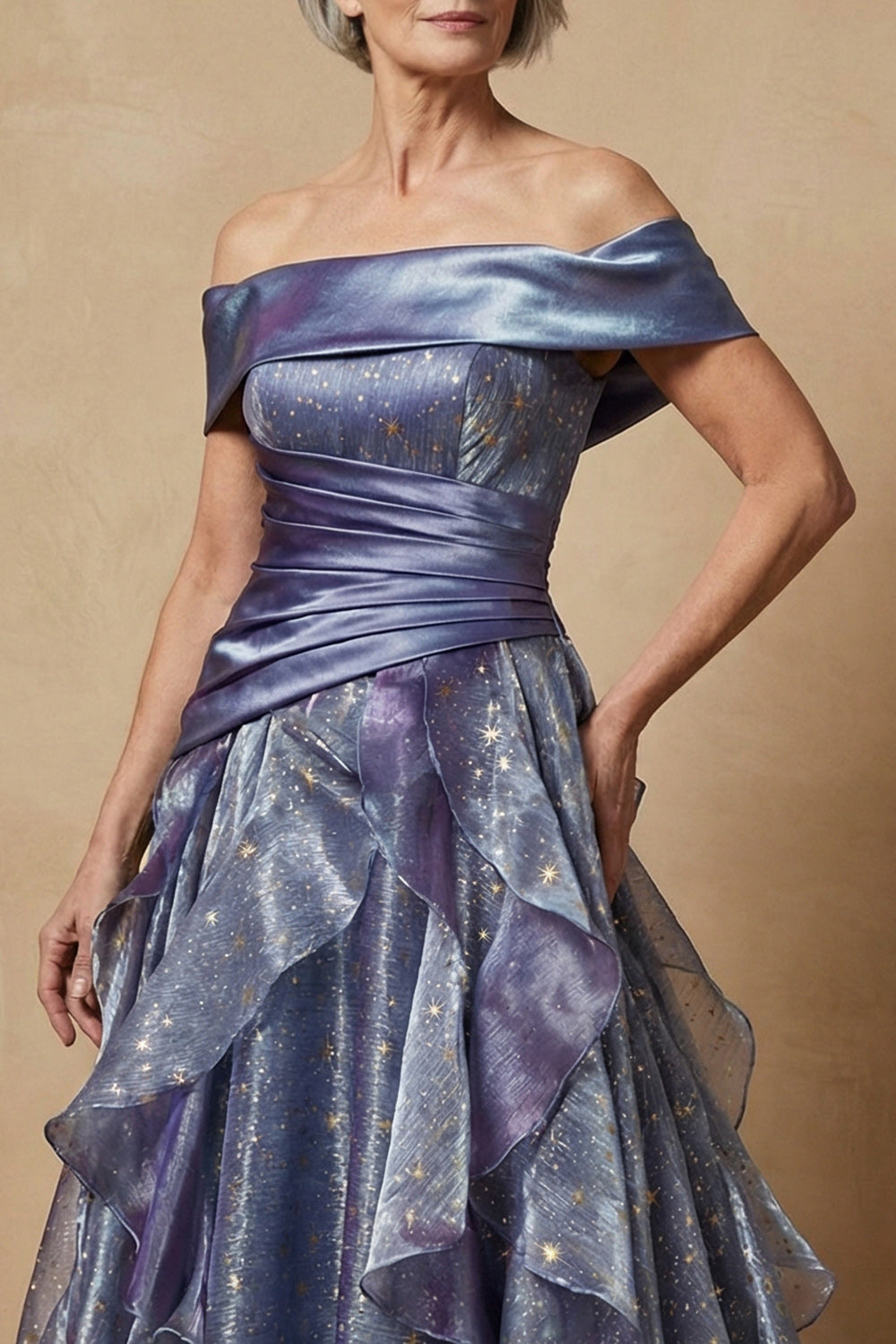 Dusty Blue Off The Shoulder Ruffled A-Line Long Mother of the Bride Dress