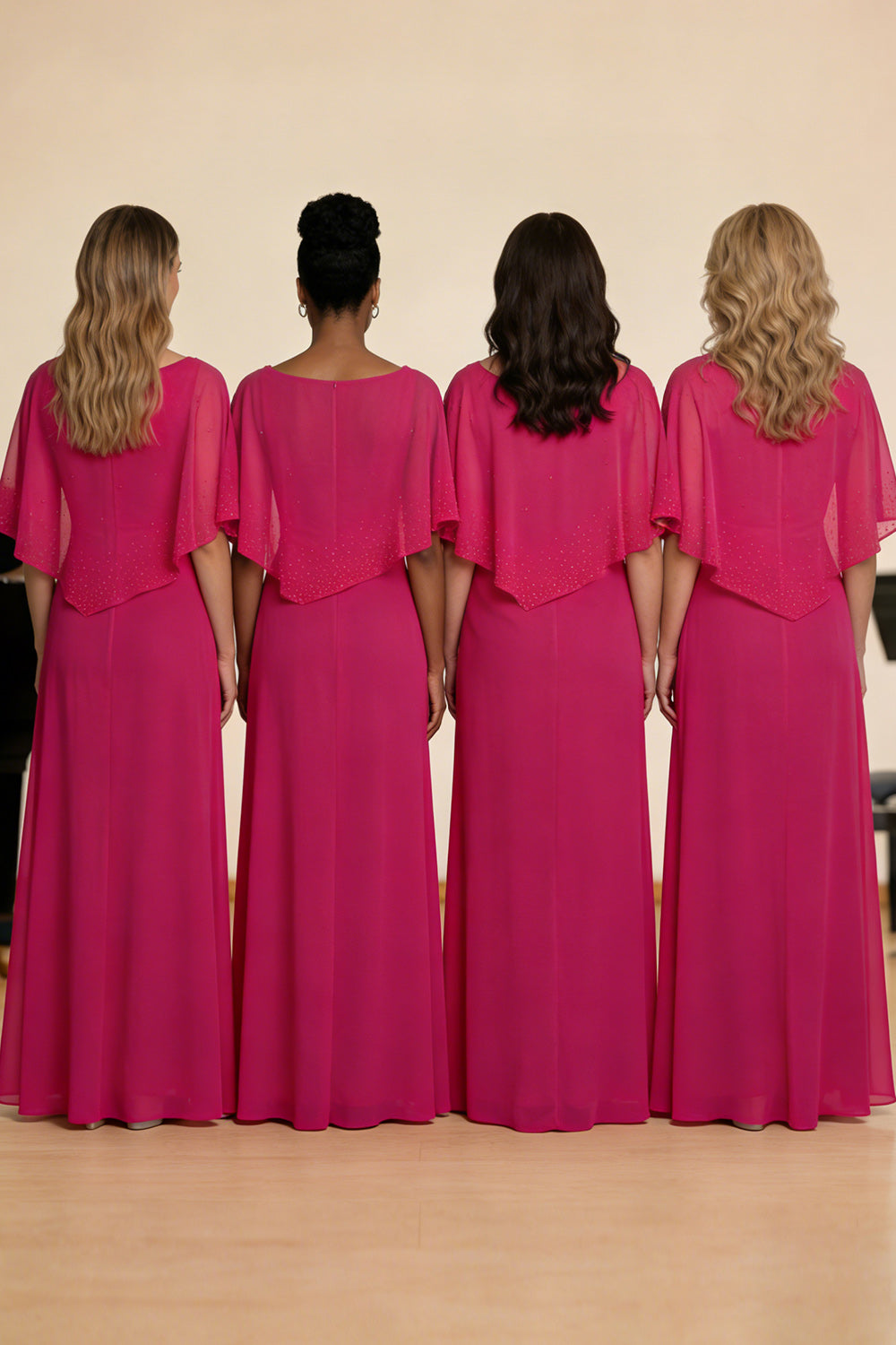 Robe longue de chœur en mousseline Fuchsia coupe A, encolure bateau