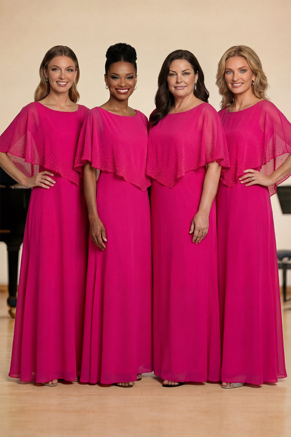 Robe longue de chœur en mousseline Fuchsia coupe A, encolure bateau