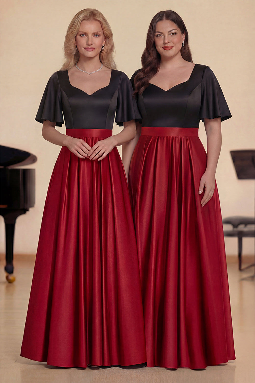Robe de Chœur Longue Trapèze en Satin Noir et Rouge avec Manches Courtes
