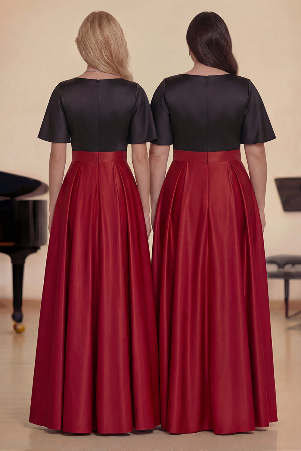 Robe de Chœur Longue Trapèze en Satin Noir et Rouge avec Manches Courtes