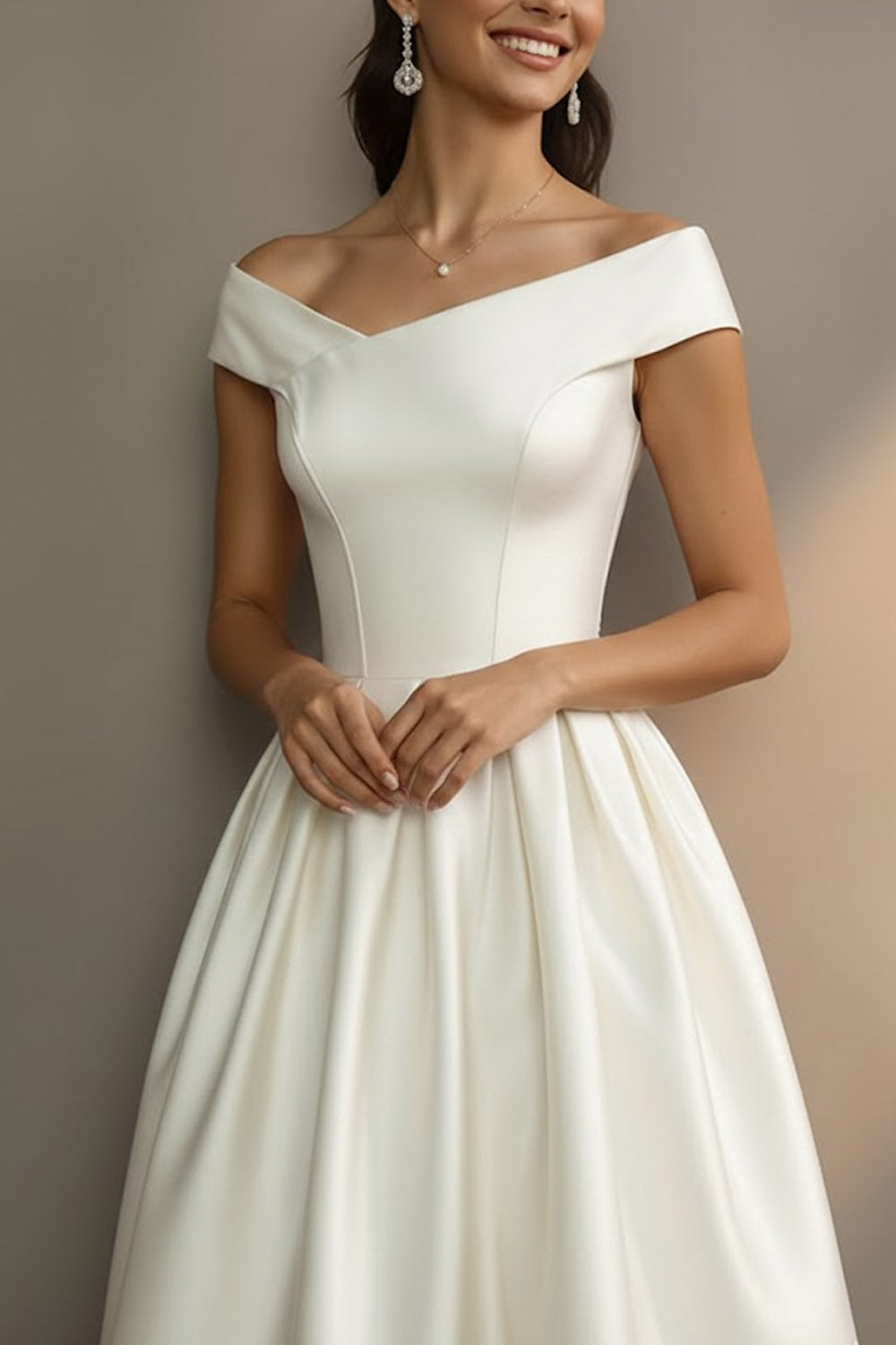 Robe de fiançailles midi trapèze blanche à épaules dénudées
