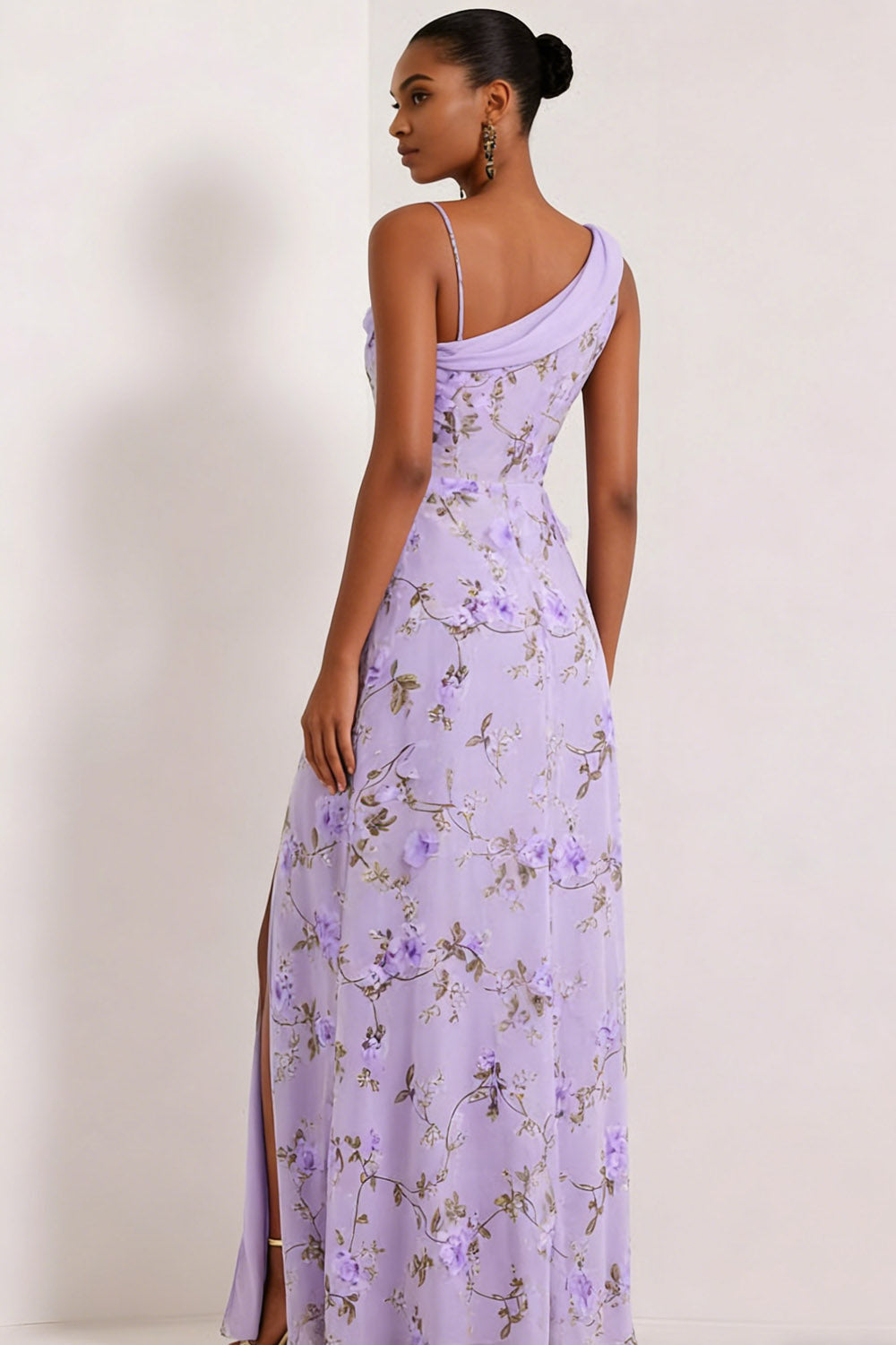Floral Lilac Asymmetrical Neck Corset Bridesmaid Dress with Slit