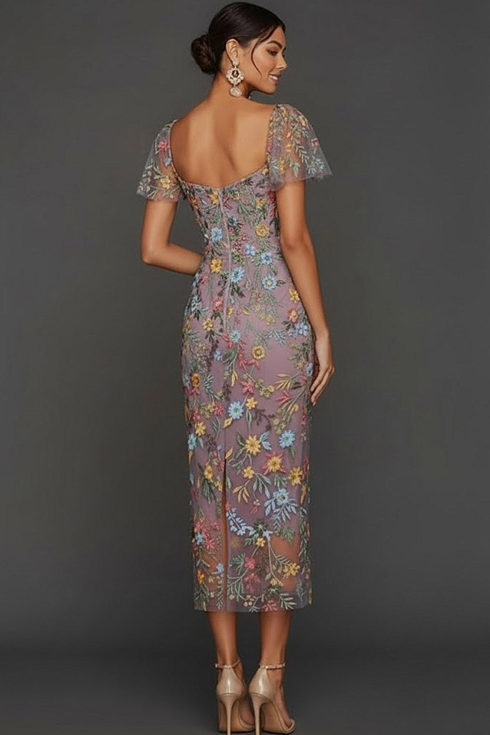 Floral Mauve Tulle Sheath Midi Wedding Guest Dress with Sleeves