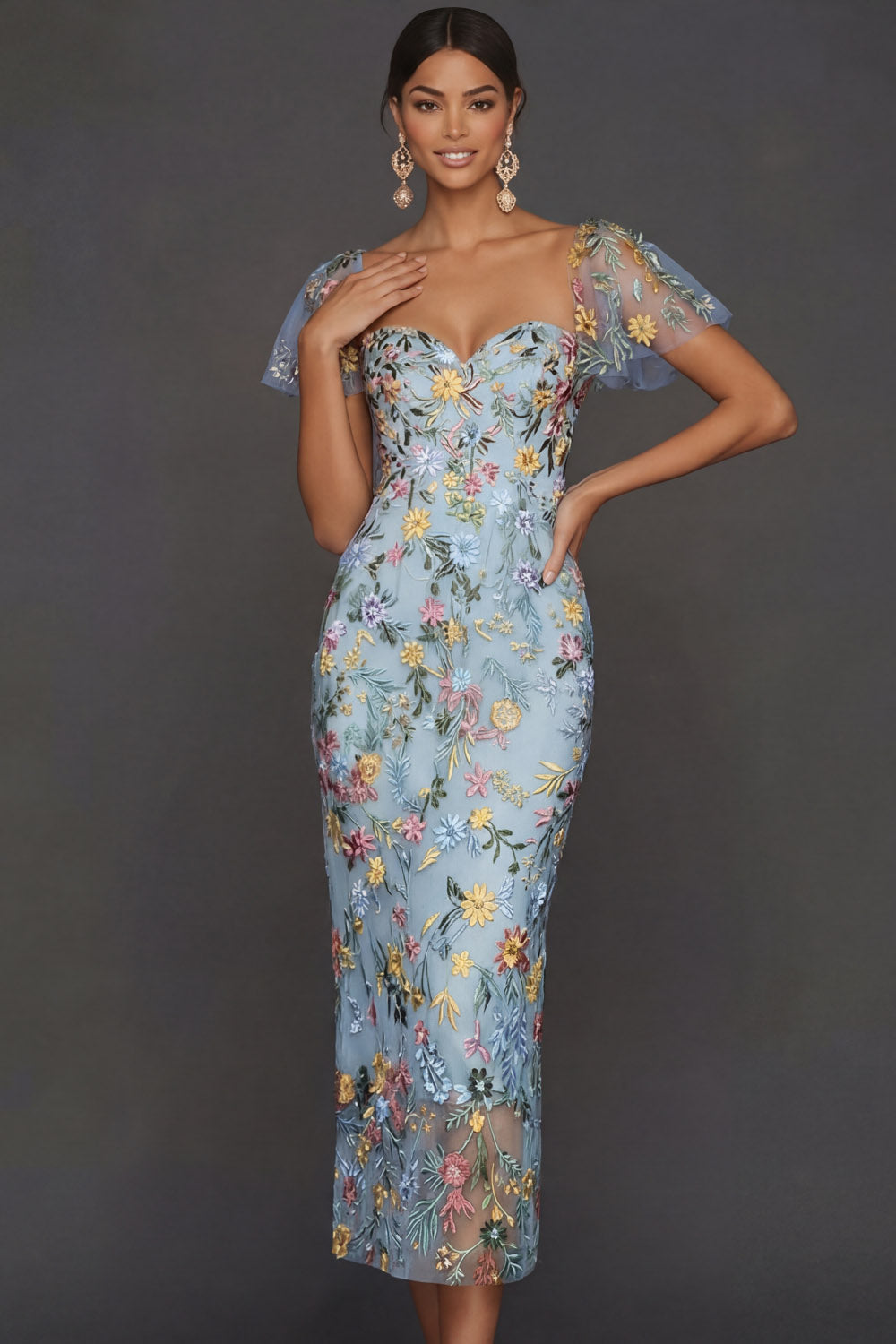 Floral Mauve Tulle Sheath Midi Wedding Guest Dress with Sleeves