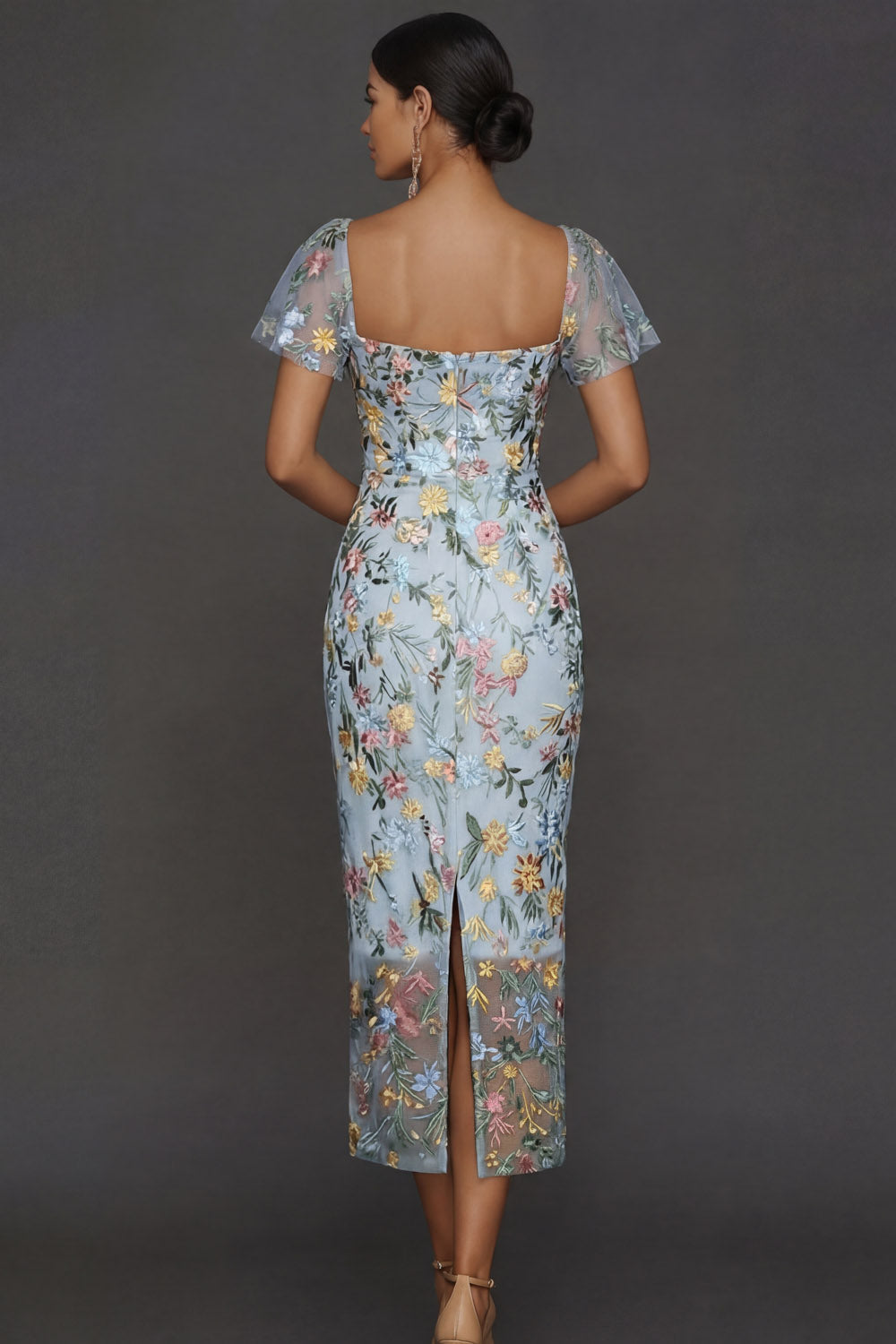 Floral Mauve Tulle Sheath Midi Wedding Guest Dress with Sleeves
