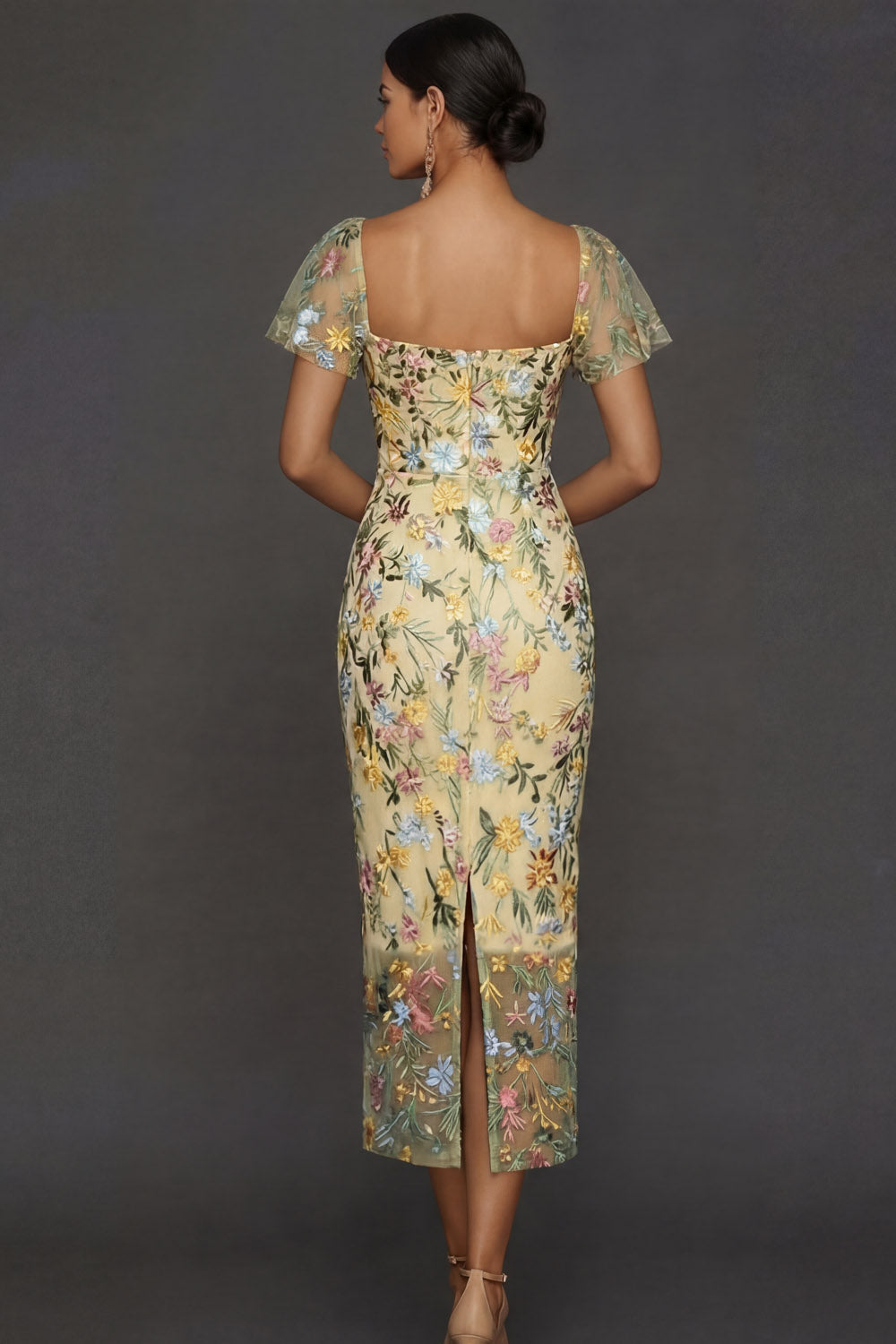 Floral Mauve Tulle Sheath Midi Wedding Guest Dress with Sleeves