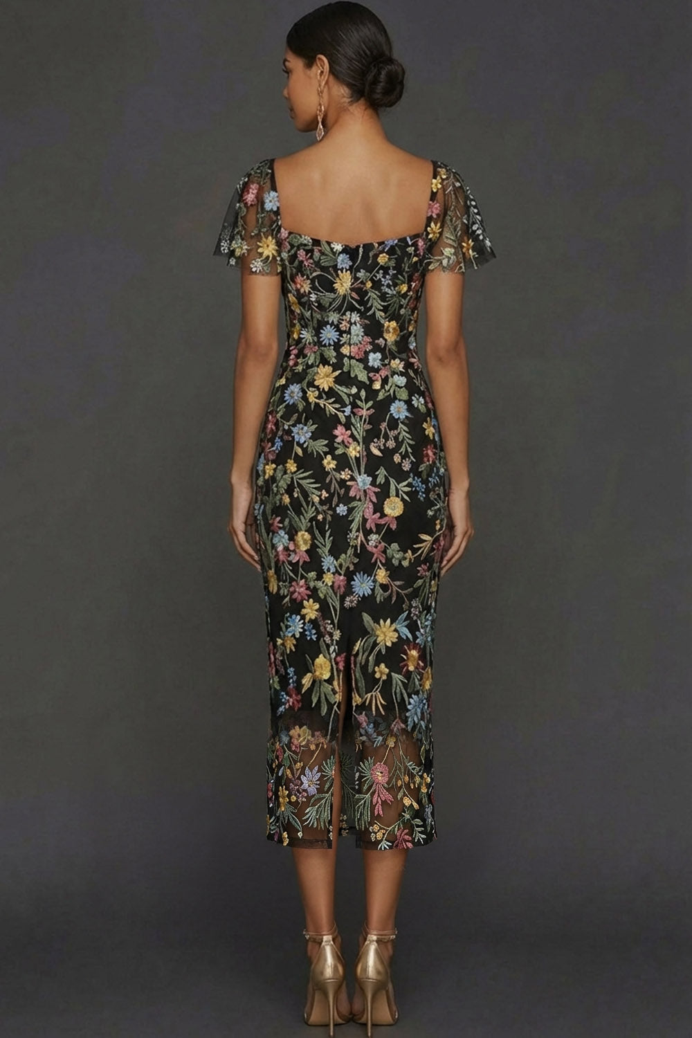 Floral Mauve Tulle Sheath Midi Wedding Guest Dress with Sleeves