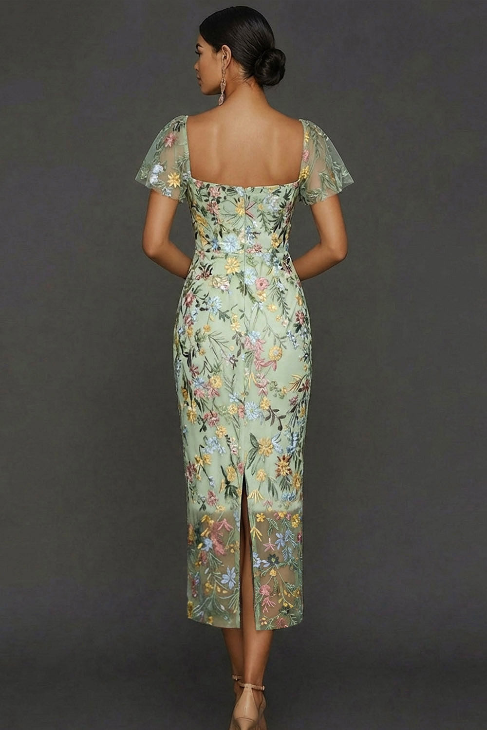 Floral Mauve Tulle Sheath Midi Wedding Guest Dress with Sleeves