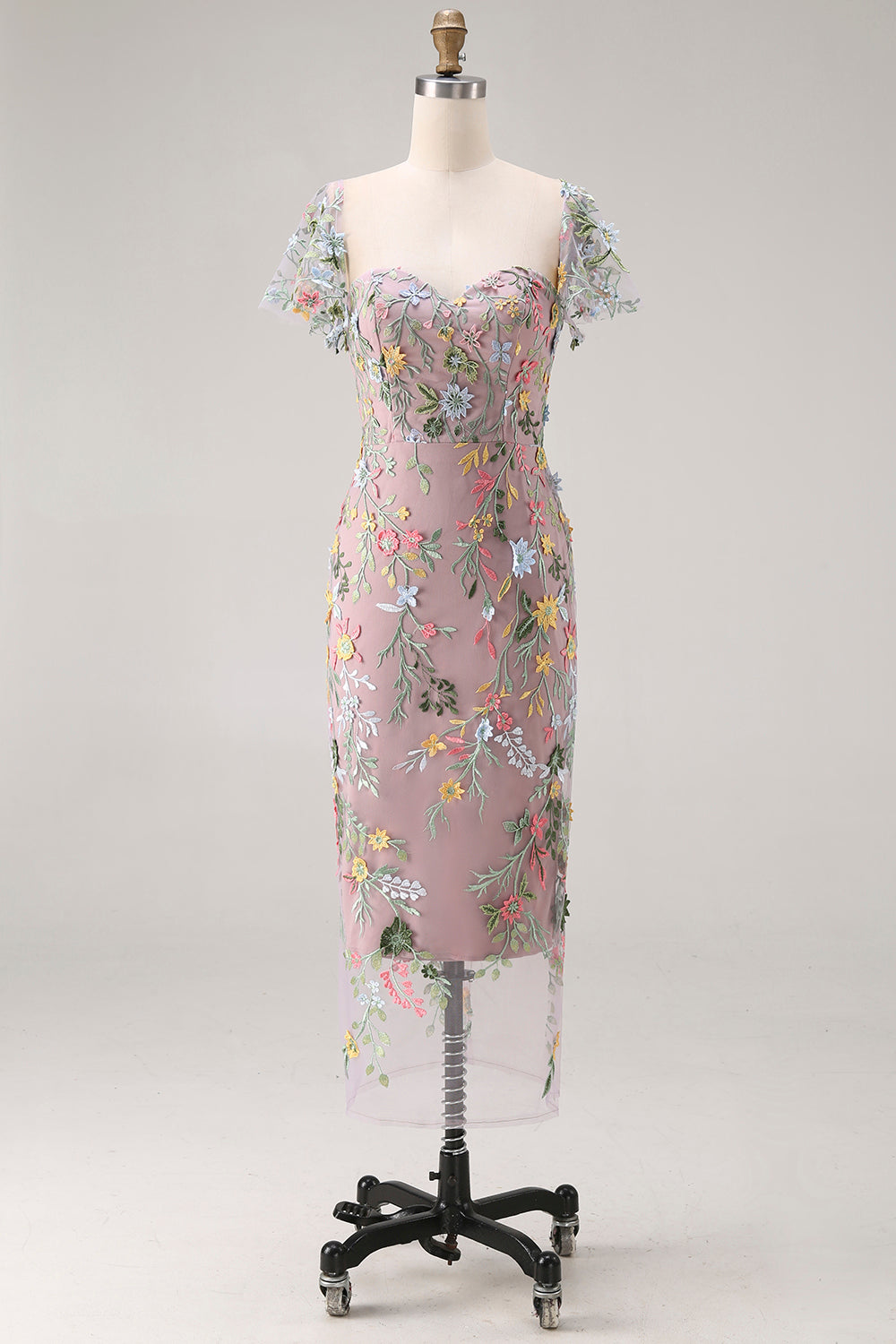 Floral Mauve Tulle Sheath Midi Wedding Guest Dress with Sleeves