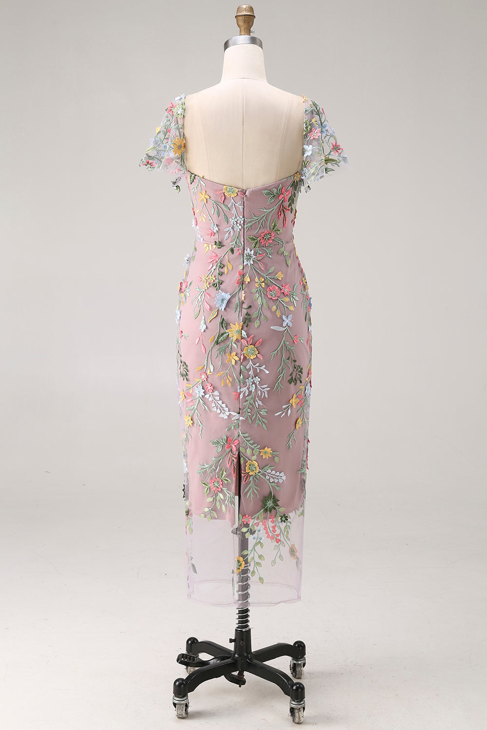 Floral Mauve Tulle Sheath Midi Wedding Guest Dress with Sleeves