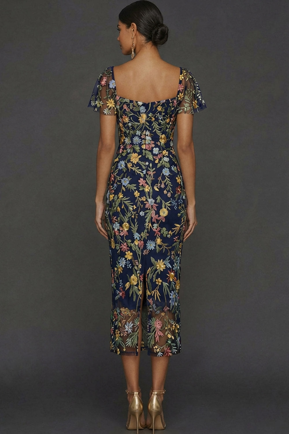 Floral Mauve Tulle Sheath Midi Wedding Guest Dress with Sleeves