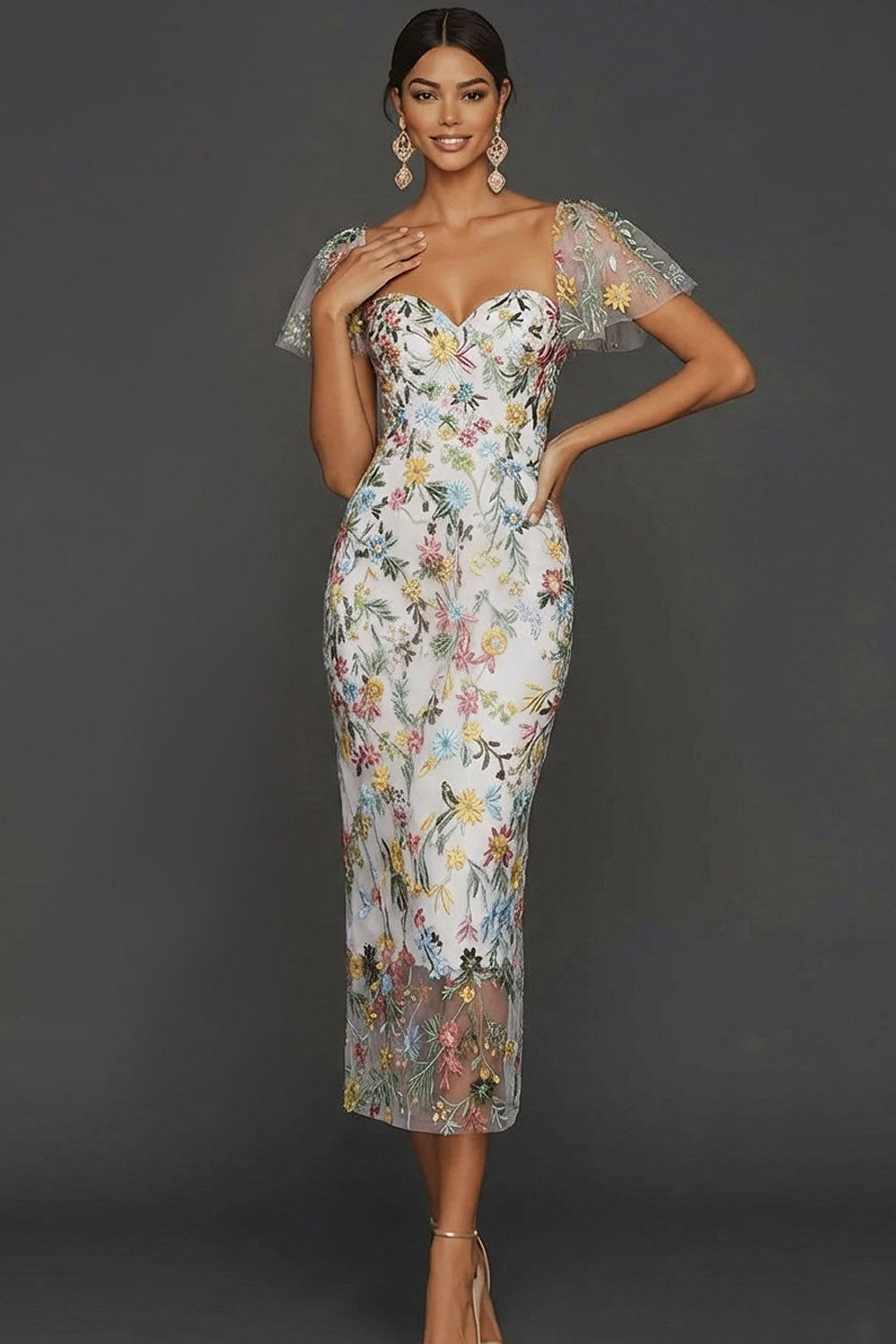 Floral Mauve Tulle Sheath Midi Wedding Guest Dress with Sleeves