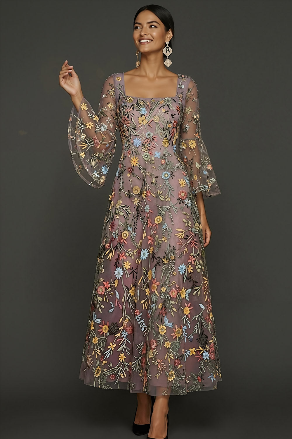Mauve Floral A-Line Embroidered Flutter Sleeve Long Prom Dress