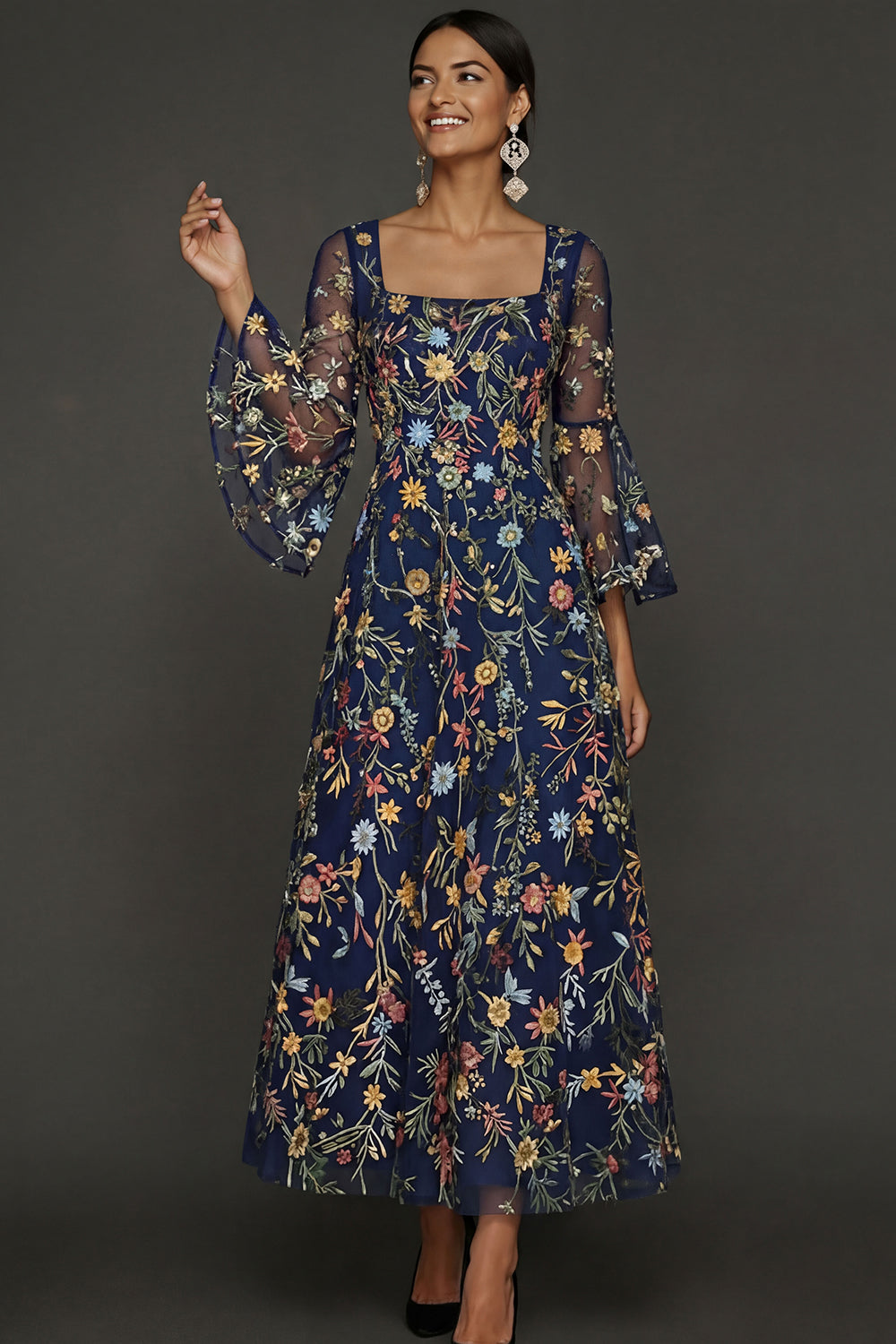 Mauve Floral A-Line Embroidered Flutter Sleeve Long Prom Dress
