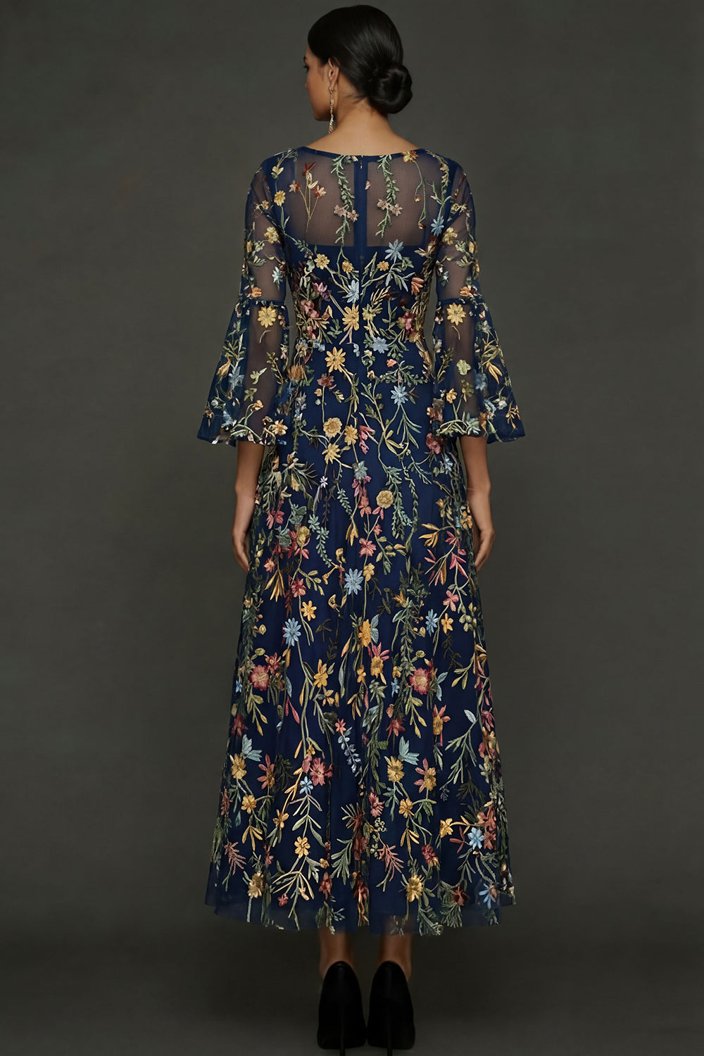 Mauve Floral A-Line Embroidered Flutter Sleeve Long Prom Dress