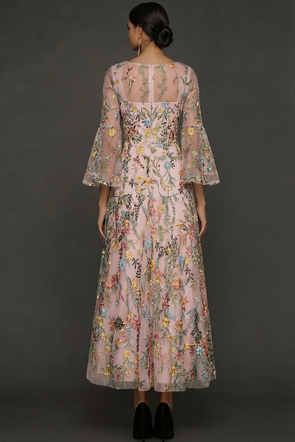 Mauve Floral A-Line Embroidered Flutter Sleeve Long Prom Dress