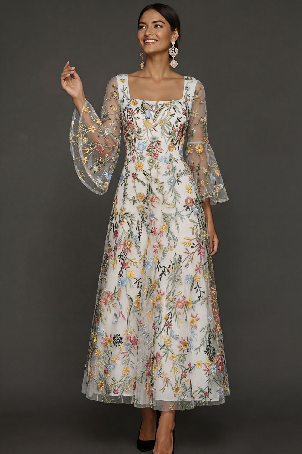 Mauve Floral A-Line Embroidered Flutter Sleeve Long Prom Dress
