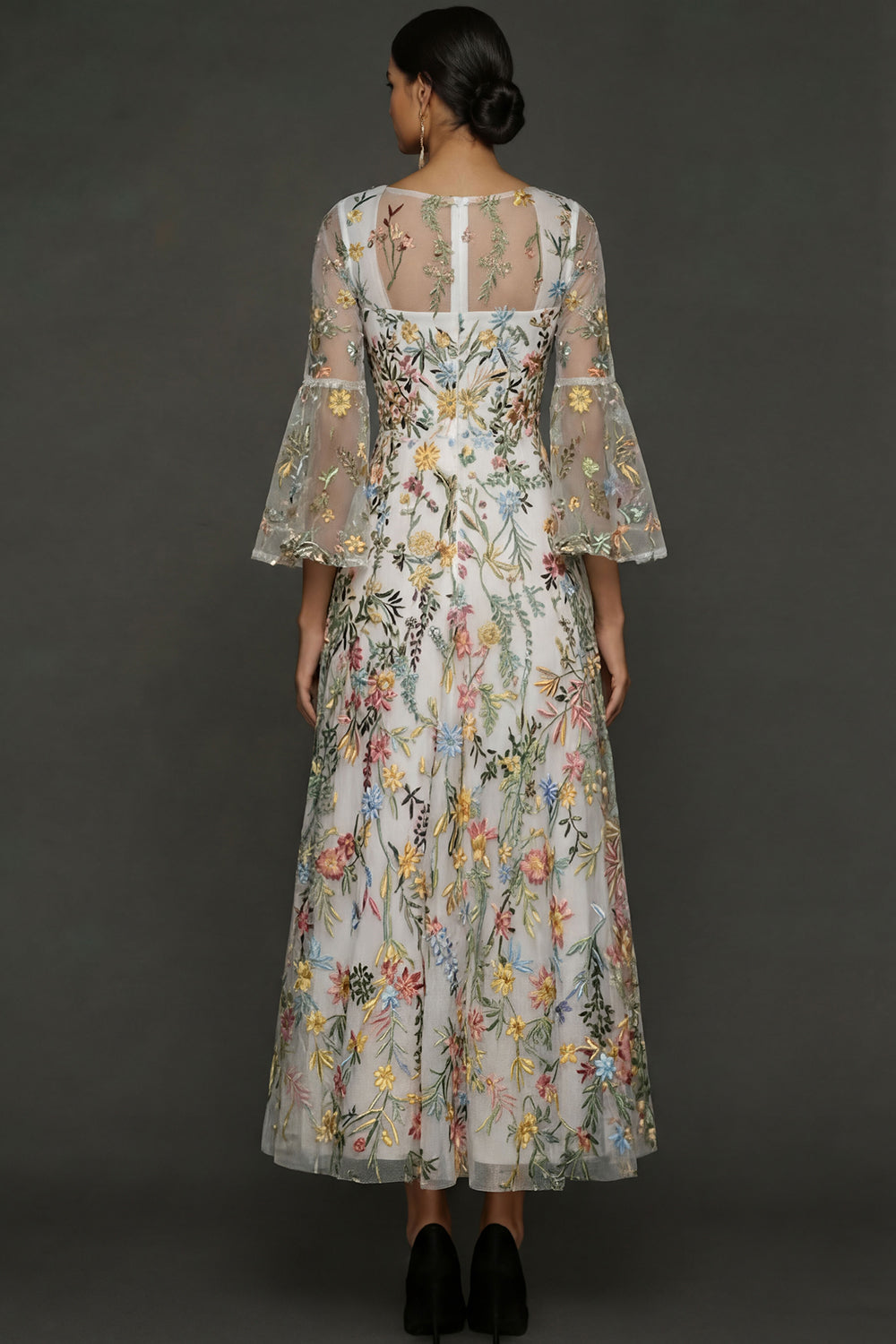Mauve Floral A-Line Embroidered Flutter Sleeve Long Prom Dress